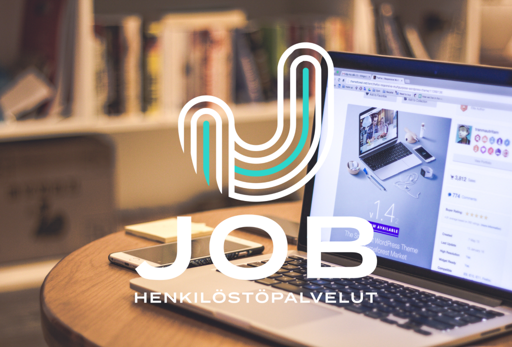 Jobin uusi logo keskellä kuvaa. Taustalla näkyy tietokone missä mikä kuvastaa verkkosivu-uudistusta.